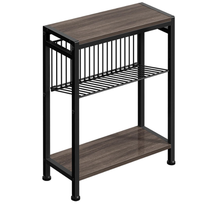End Table for Small Space, 3-Tier Narrow Side Table with Magazine Holder, Nightstand, Skinny Snack Couch Table in Living Room, Bedroom Study and Balcony  - 7.1" x 17" x 22.2"/Brown